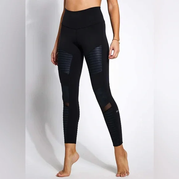 Alo Yoga Black/Glossy High Waist Full Length Moto Leggings XXS $128 - Picture 2 of 9
